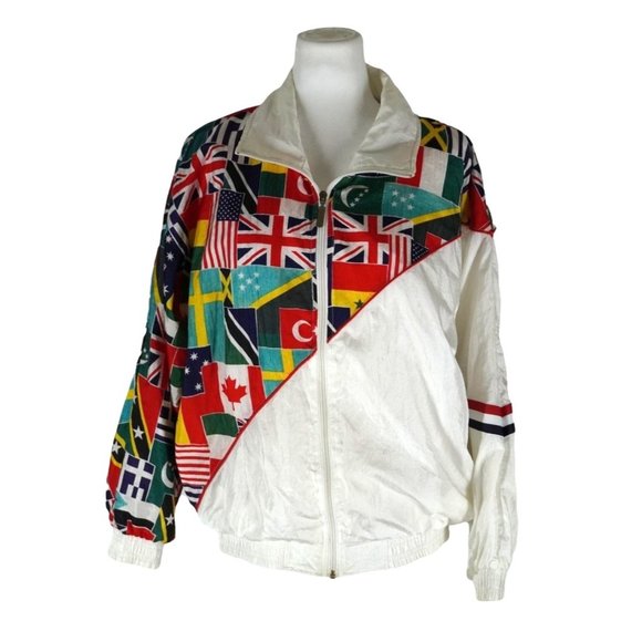 Vintage 90s Nylon Windbreaker Bomber Style Track Jacket Country Flags Janeve Siz - Picture 1 of 12